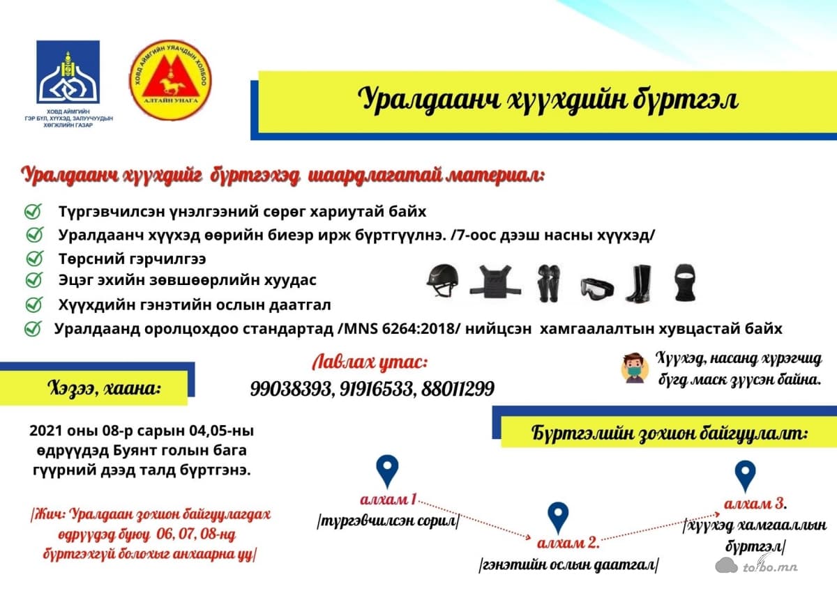 Уралдаанч хүүхдийн бүртгэл Ховд аймгийн Буянт голын бага гүүрний дээд талд 2021 оны 08 дугаар сарын 04, 05-ны өдрүүдэд явагдана.