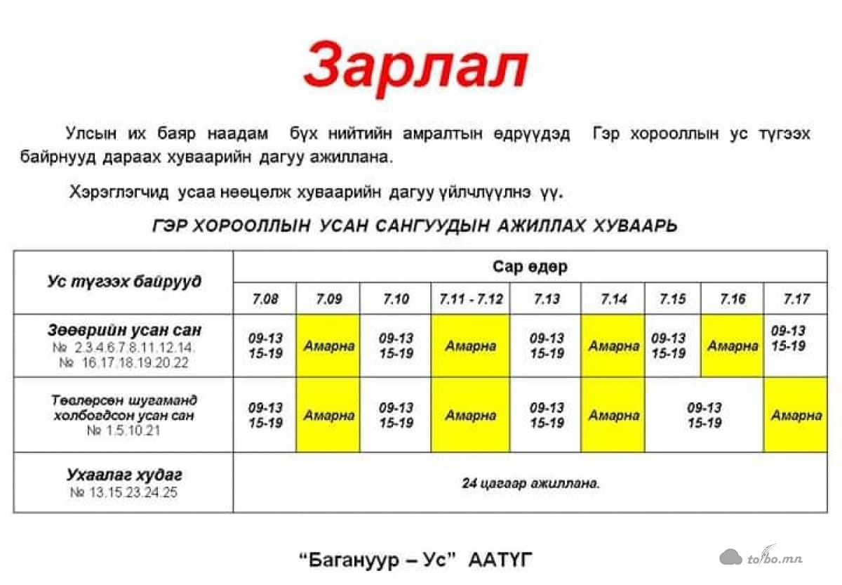 БАЯР НААДМЫН ӨДРҮҮДЭД УС ТҮГЭЭХ ЦЭГҮҮД ИНГЭЖ АЖИЛЛАНА